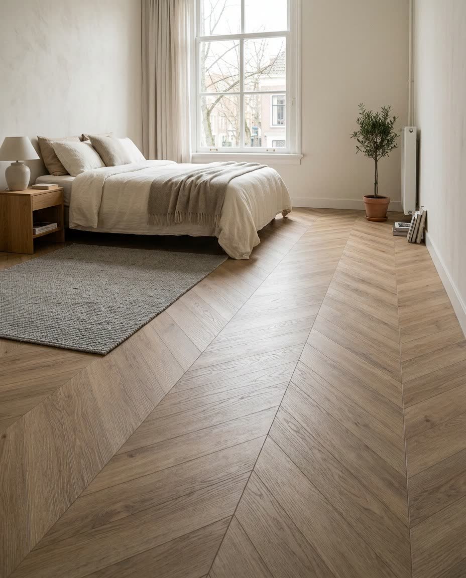 Hongaarse punt PVC vloer in een sfeervolle slaapkamer
