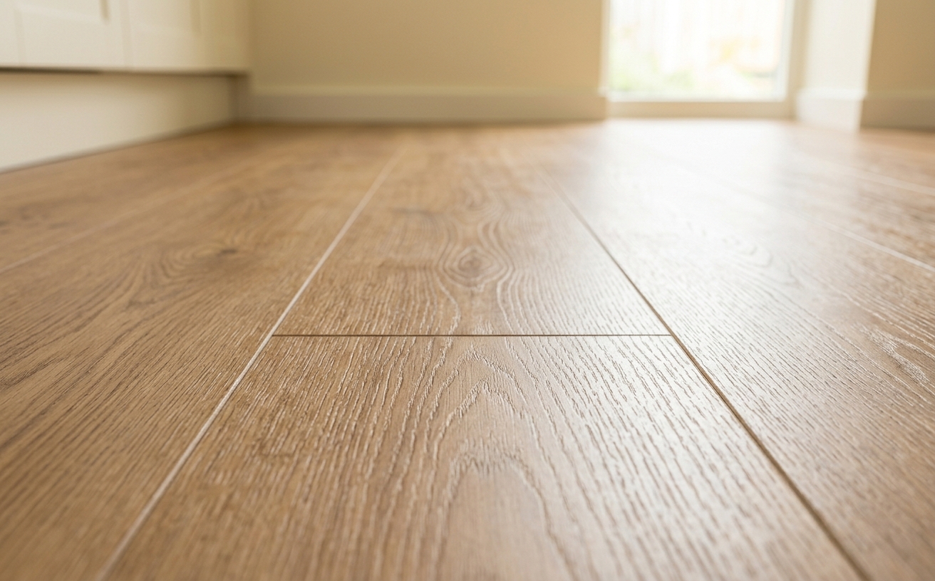 Close-up van een strak gelegde rechte PVC plank met natuurlijke houtnerf