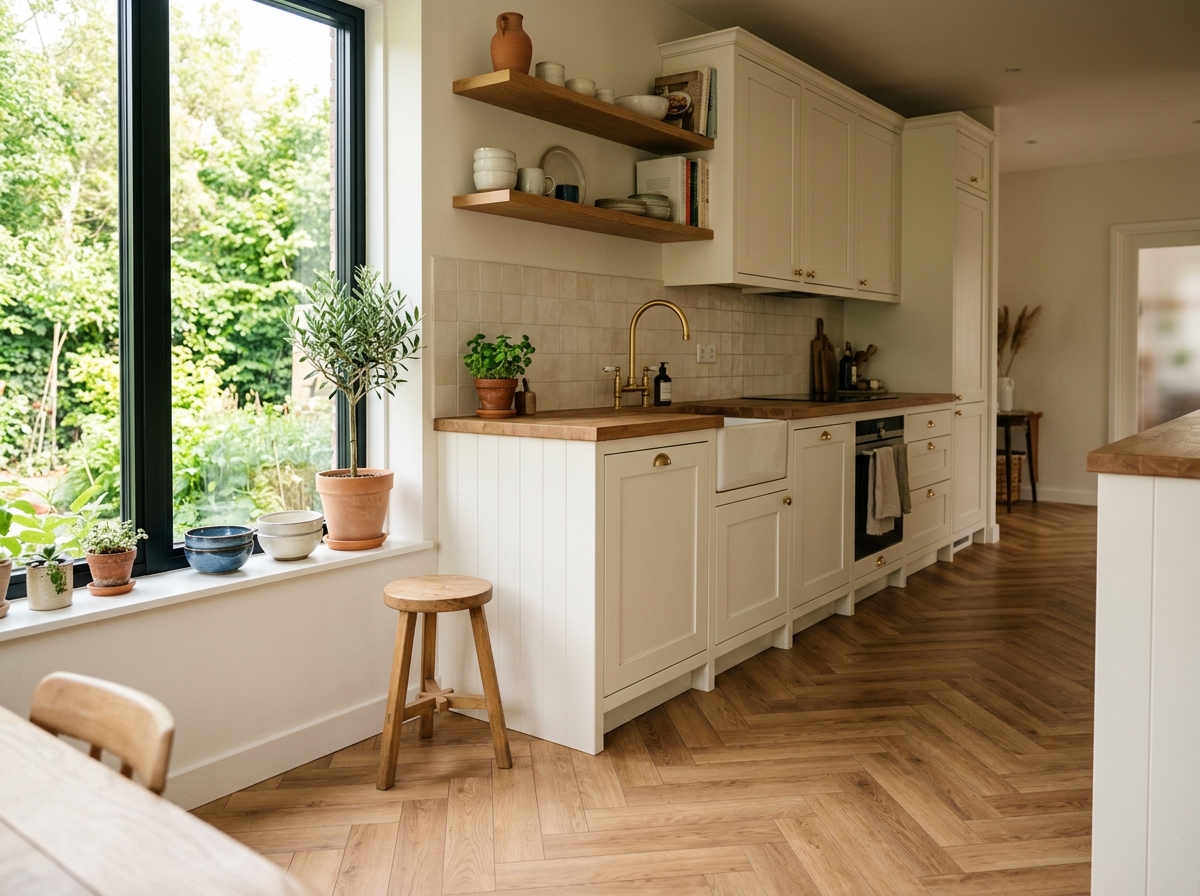 Visgraat PVC vloer in een moderne keuken