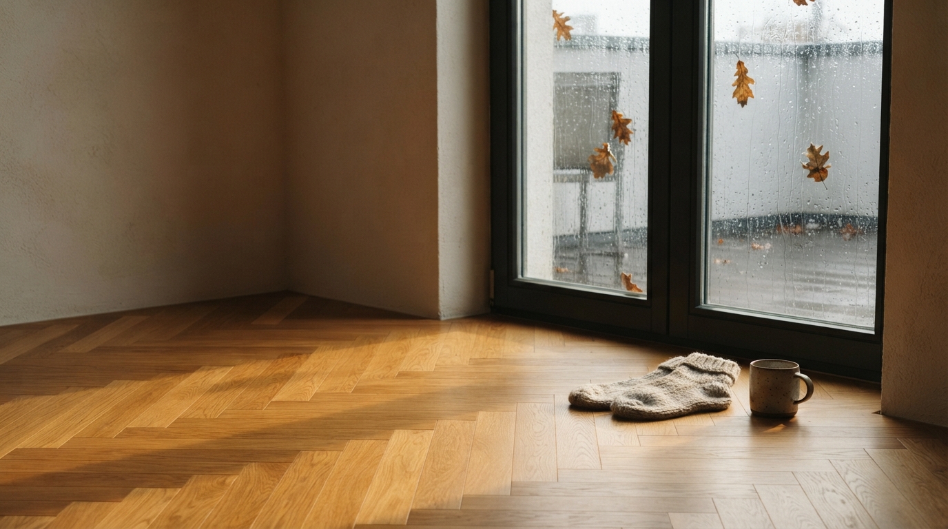 Warme visgraatvloer in een lege kamer, met wollen sokken en een mok bij de terrasdeur waarachter het regent
