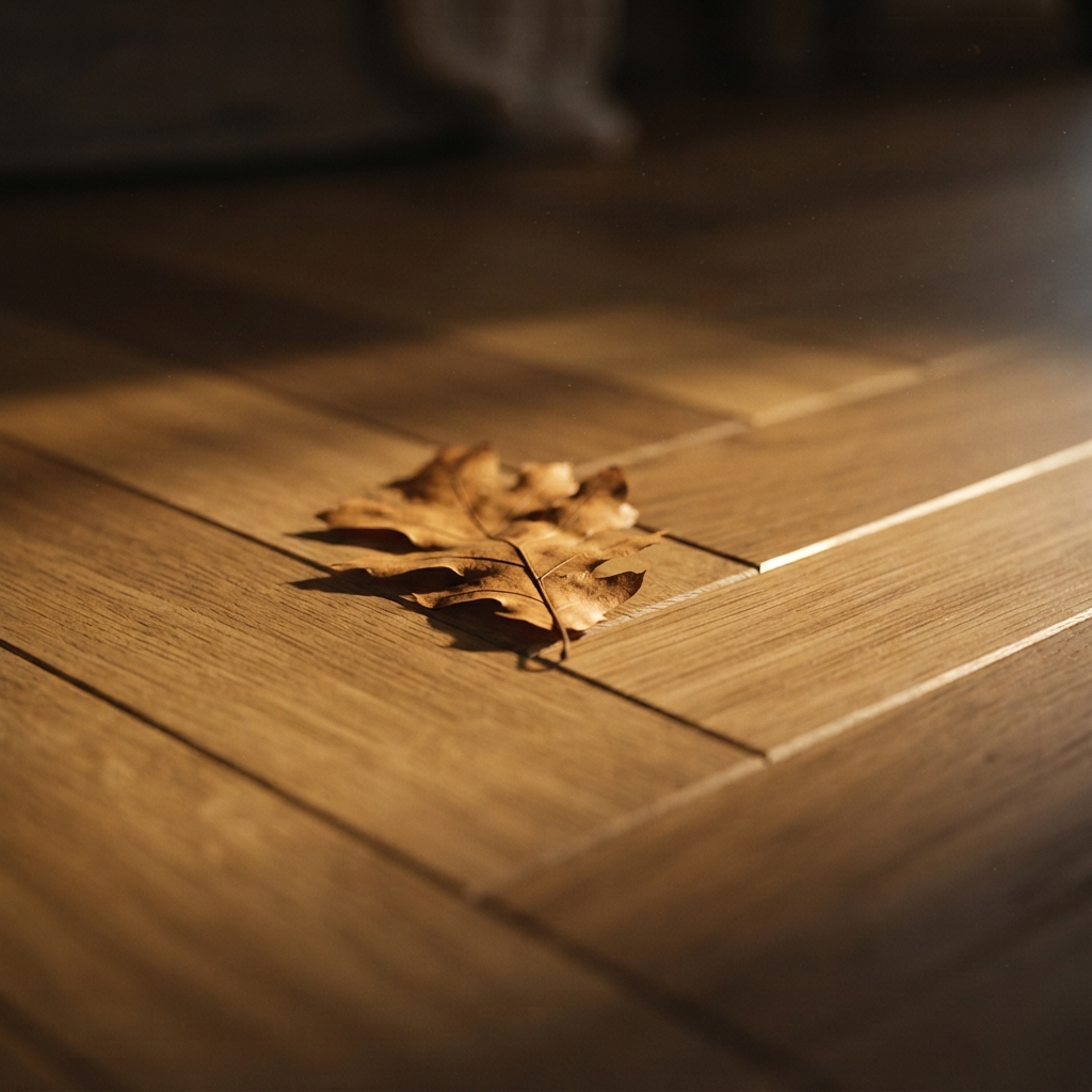 Herfstblad in het strijklicht op de naad van een visgraatvloer