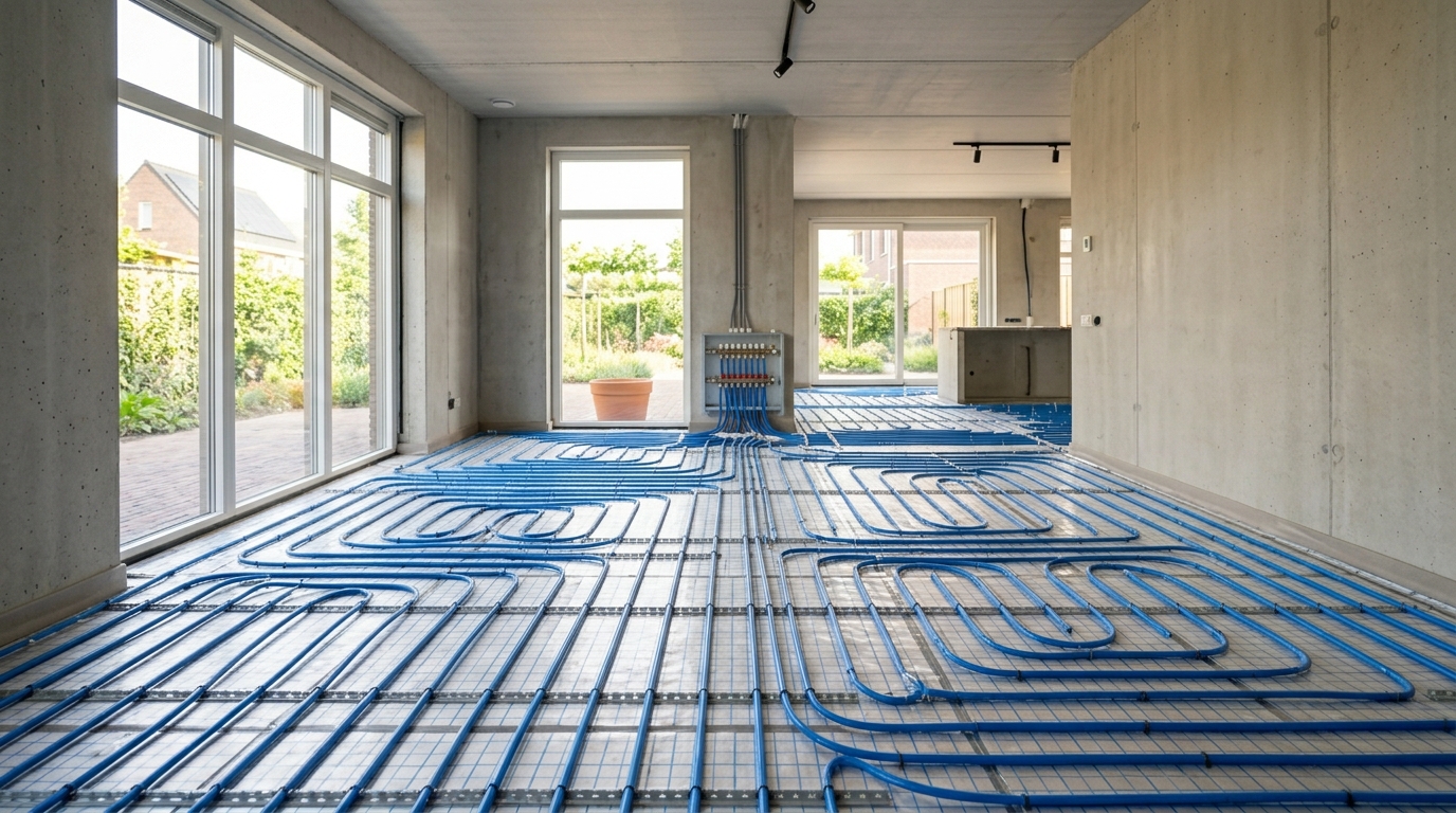 Vloerverwarmingsbuizen klaar voor installatie