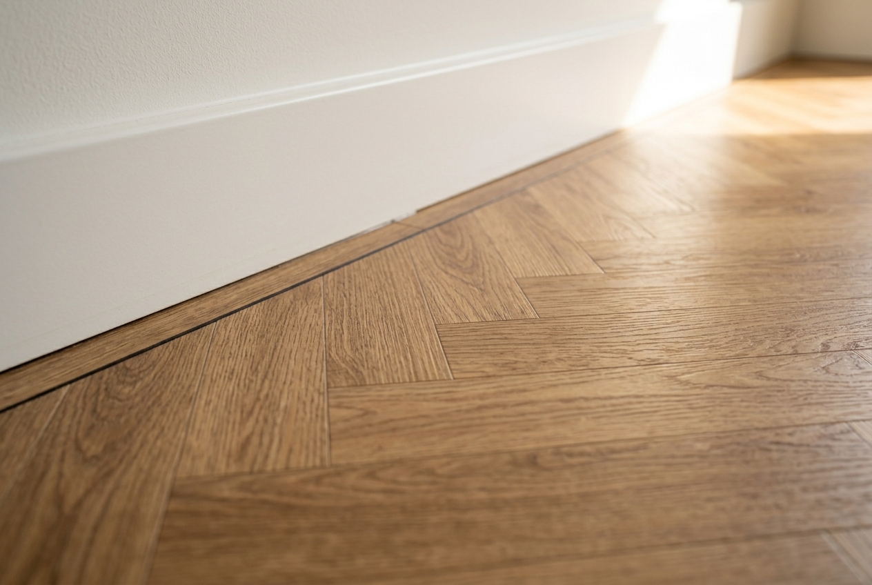 Close-up van een afgewerkte PVC vloer — zichtbaar vakmanschap in de details